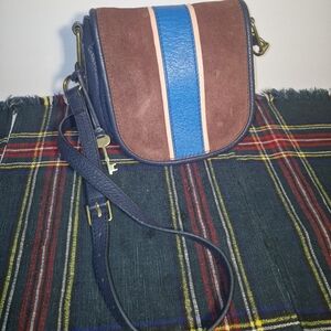 Fossil Rumi Blue Cabernet Striped Suede Leather Flap Crossbody Bag